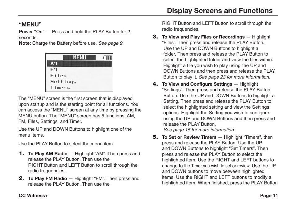 Display screens and functions | C. Crane CWTPL User Manual | Page 11 / 36