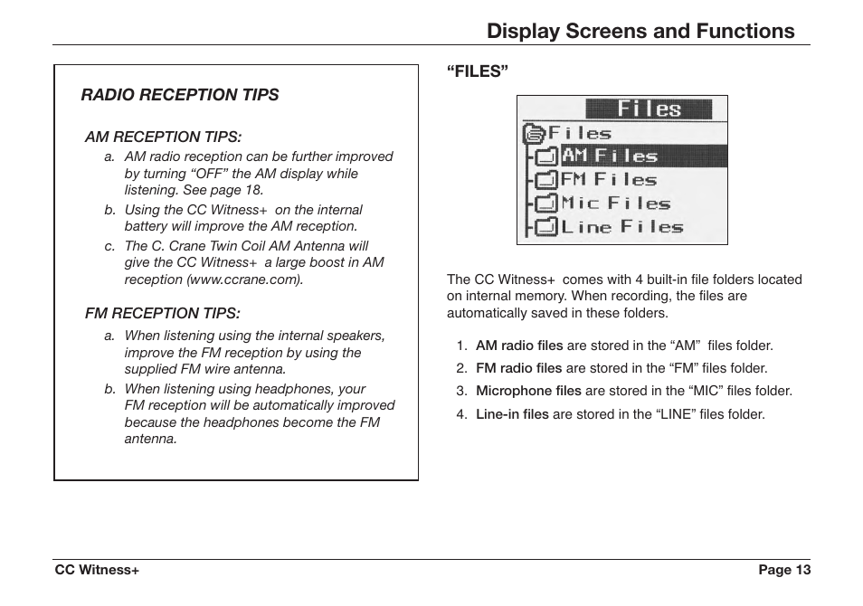 Display screens and functions | C. Crane CWTPL User Manual | Page 13 / 36