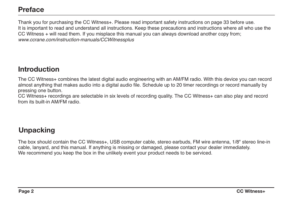 Unpacking, Preface introduction | C. Crane CWTPL User Manual | Page 2 / 36