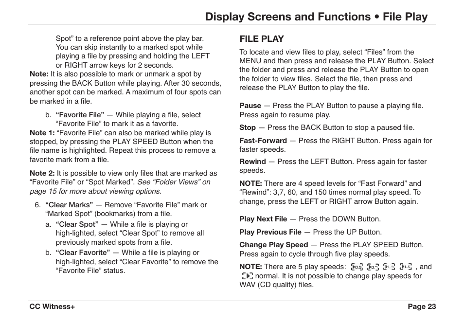 Display screens and functions • file play | C. Crane CWTPL User Manual | Page 23 / 36