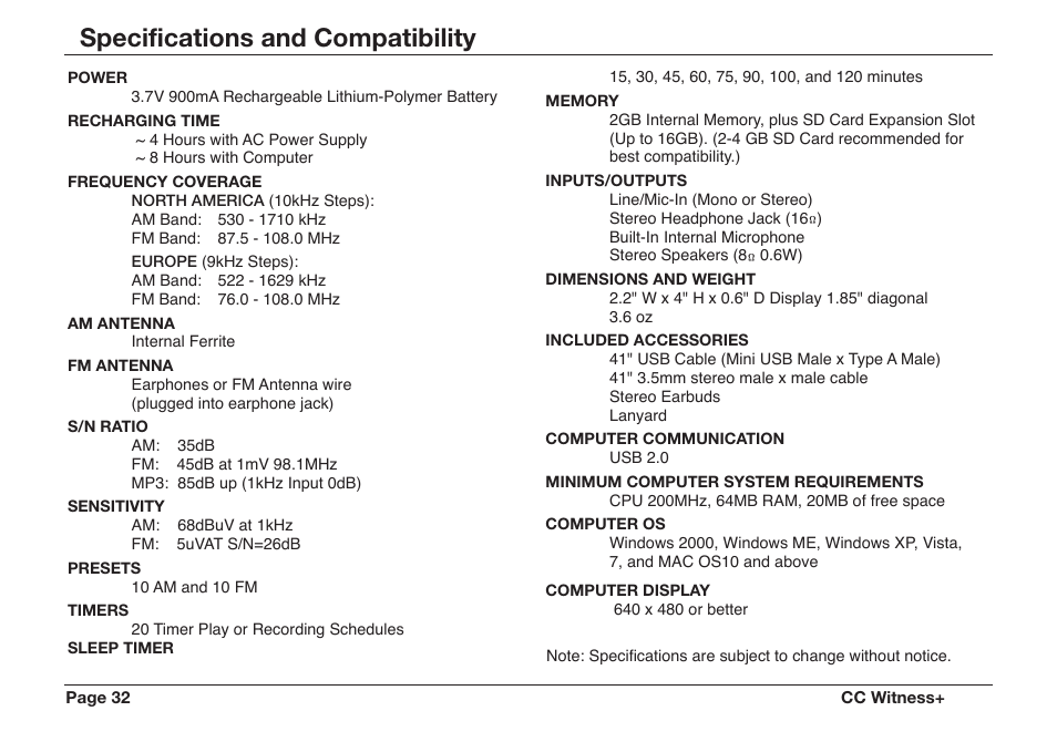 Specifications and compatibility | C. Crane CWTPL User Manual | Page 32 / 36