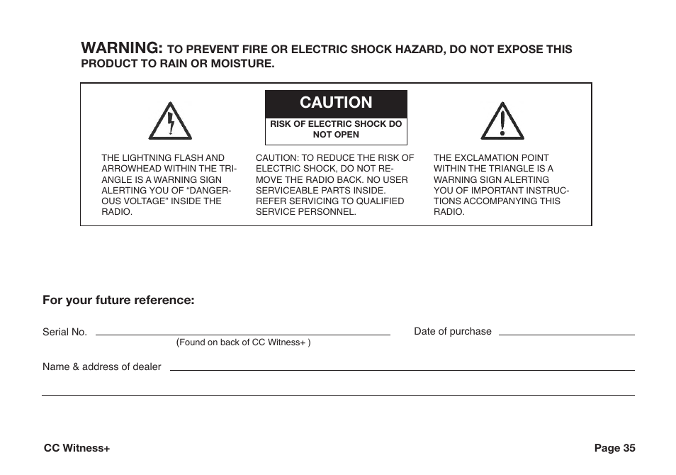 Warning, Caution, For your future reference | C. Crane CWTPL User Manual | Page 35 / 36