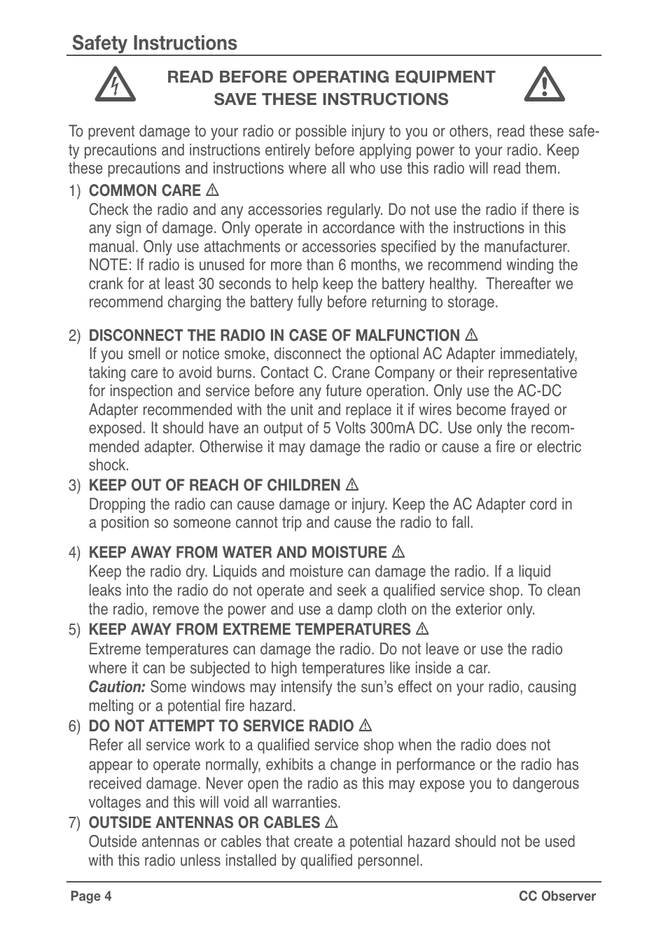 Safety instructions | C. Crane CC Solar Observer Radio User Manual | Page 10 / 12