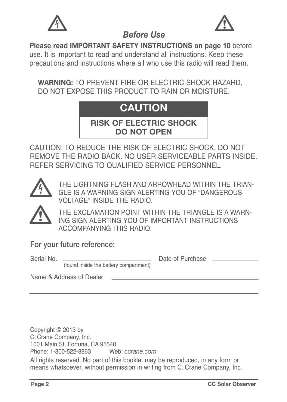 Caution | C. Crane CC Solar Observer Radio User Manual | Page 2 / 12