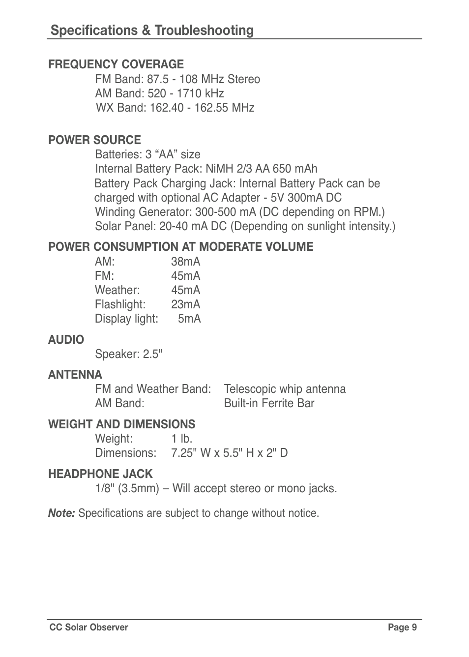 Specifications & troubleshooting | C. Crane CC Solar Observer Radio User Manual | Page 9 / 12