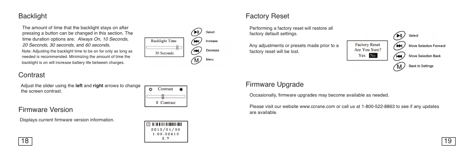 Backlight, 18 factory reset, Firmware upgrade | 19 contrast, Firmware version | C. Crane Senta Ally User Manual | Page 11 / 13