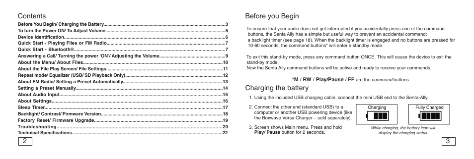 Before you begin, Charging the battery contents | C. Crane Senta Ally User Manual | Page 3 / 13