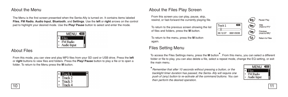 About the menu, About files, 10 11 about the files play screen | Files setting menu | C. Crane Senta Ally User Manual | Page 7 / 13