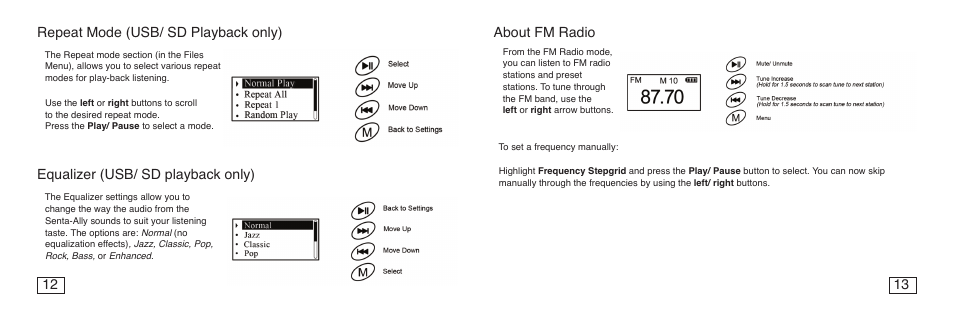 About fm radio, 12 13 equalizer (usb/ sd playback only), Repeat mode (usb/ sd playback only) | C. Crane Senta Ally User Manual | Page 8 / 13