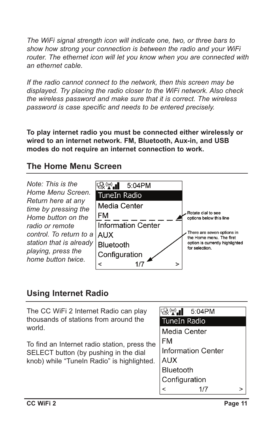 The home menu screen, Using internet radio | C. Crane CWF2WR User Manual | Page 11 / 35