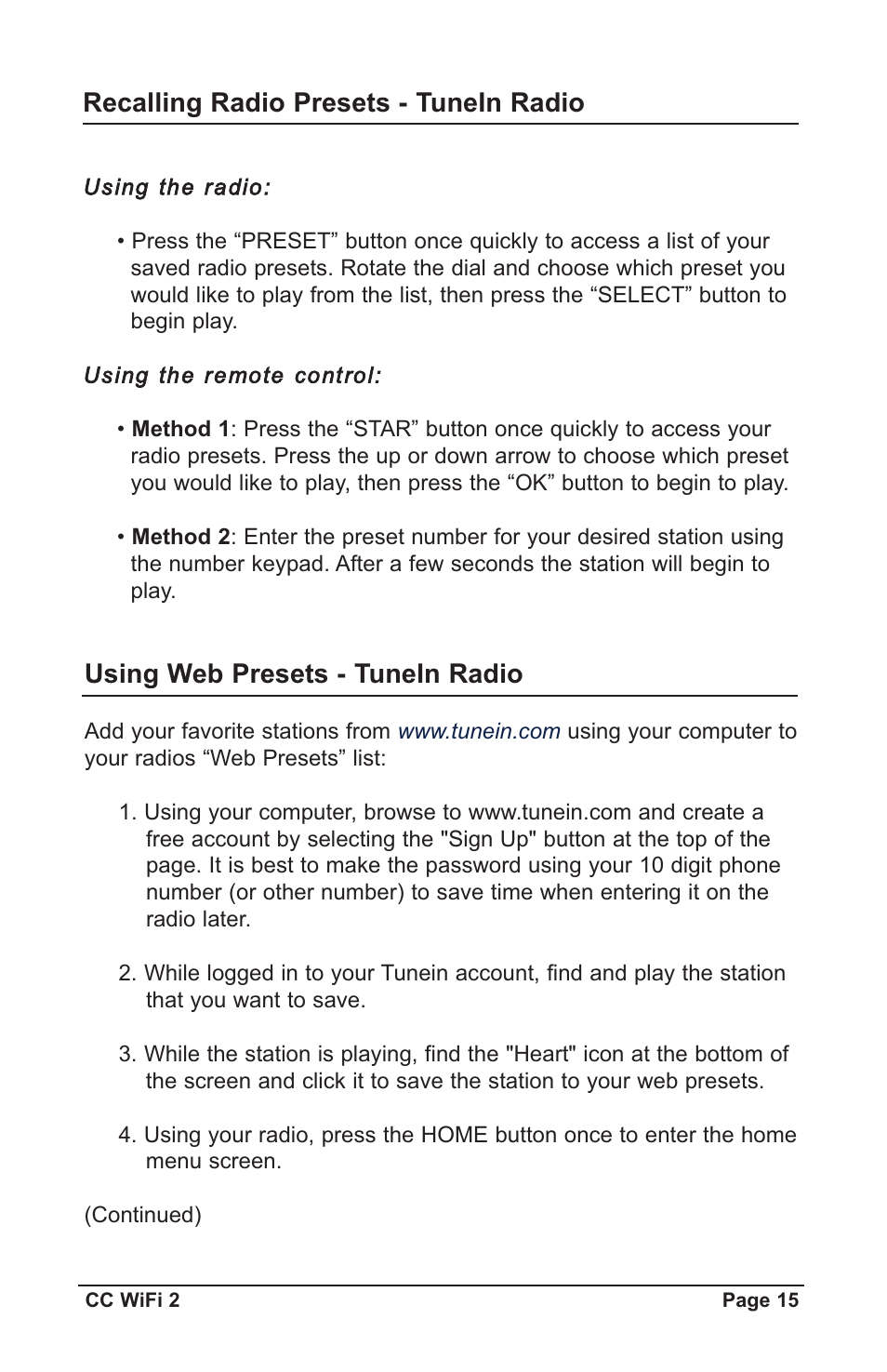 Recalling radio presets - tunein radio, Using web presets - tunein radio | C. Crane CWF2WR User Manual | Page 15 / 35