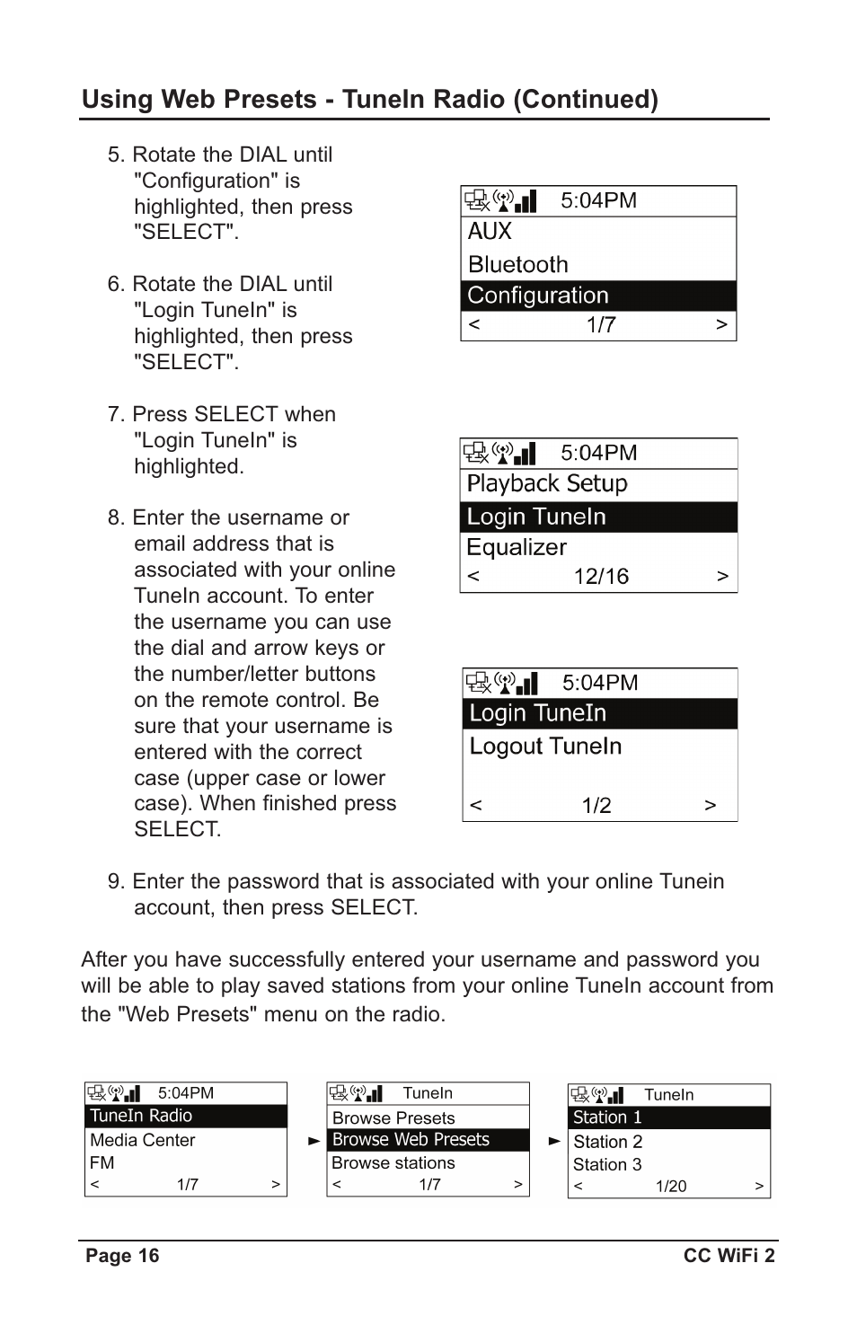 Using web presets - tunein radio (continued) | C. Crane CWF2WR User Manual | Page 16 / 35