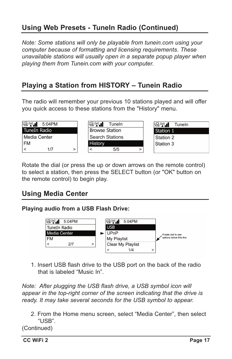 Using web presets - tunein radio (continued), Playing a station from history – tunein radio, Using media center | C. Crane CWF2WR User Manual | Page 17 / 35