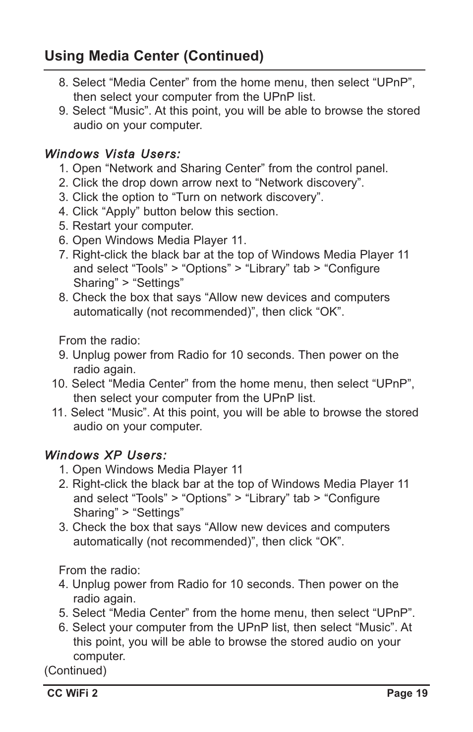 Using media center (continued) | C. Crane CWF2WR User Manual | Page 19 / 35