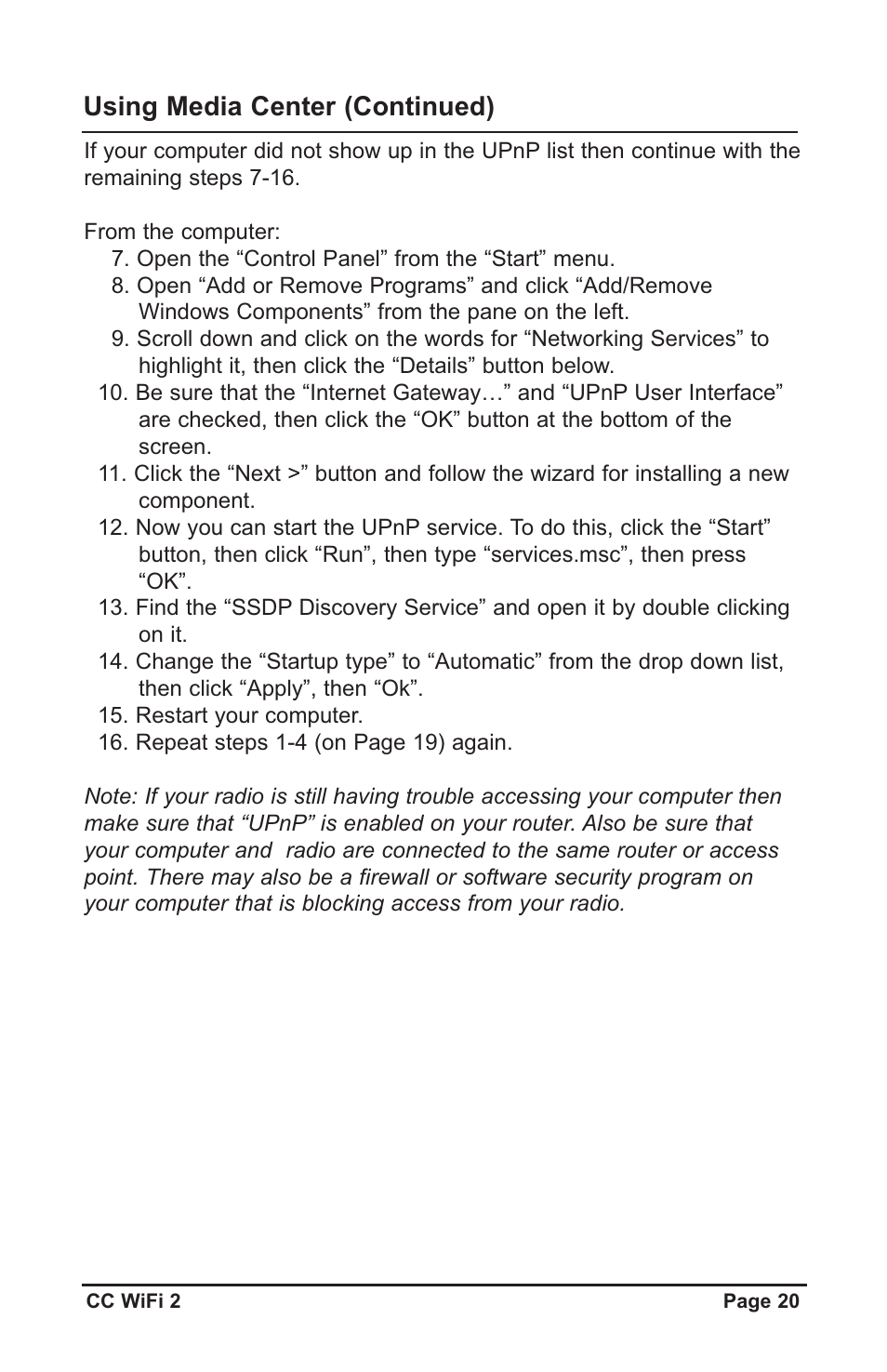 Using media center (continued) | C. Crane CWF2WR User Manual | Page 20 / 35