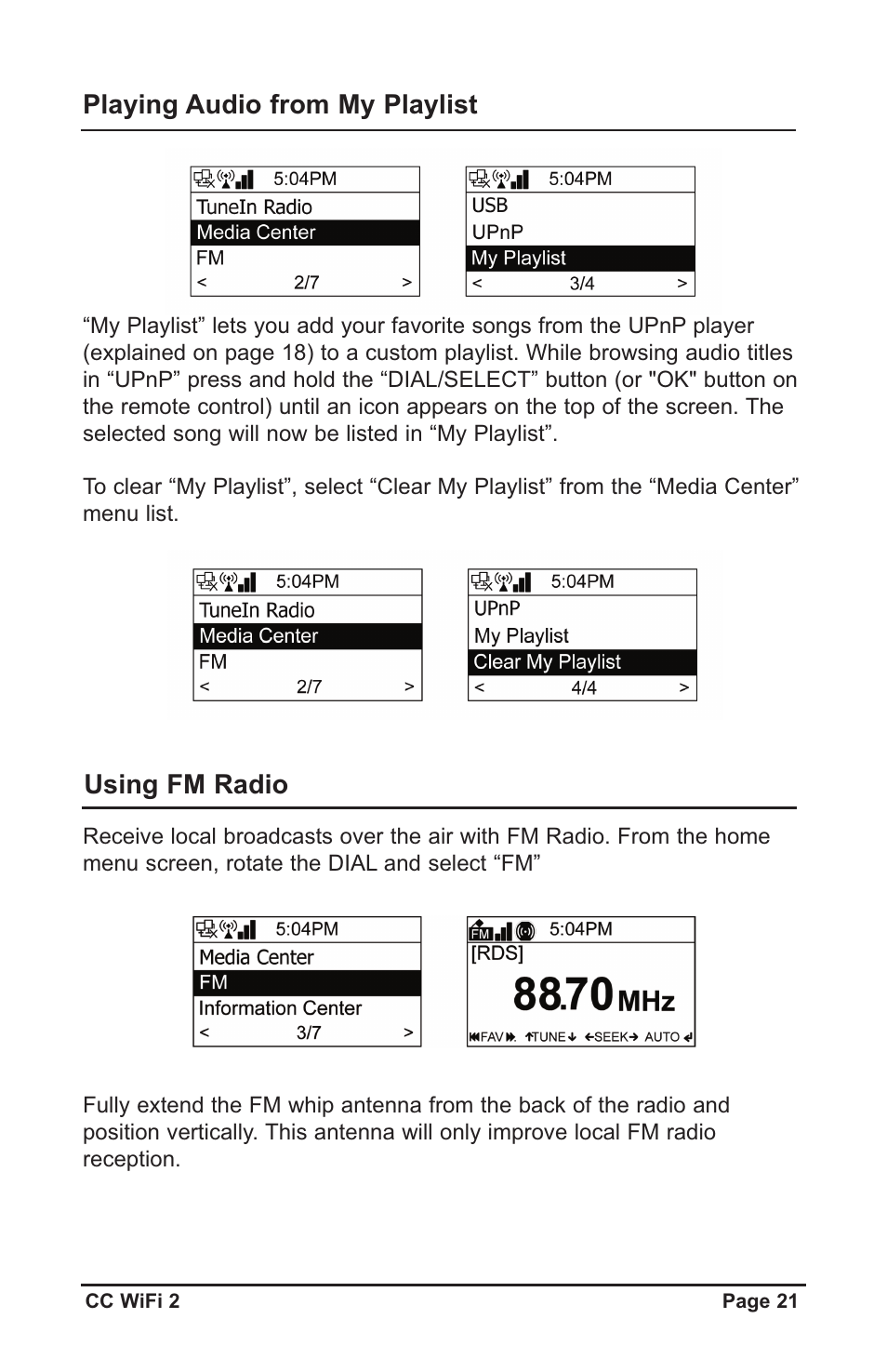 Playing audio from my playlist, Using fm radio | C. Crane CWF2WR User Manual | Page 21 / 35