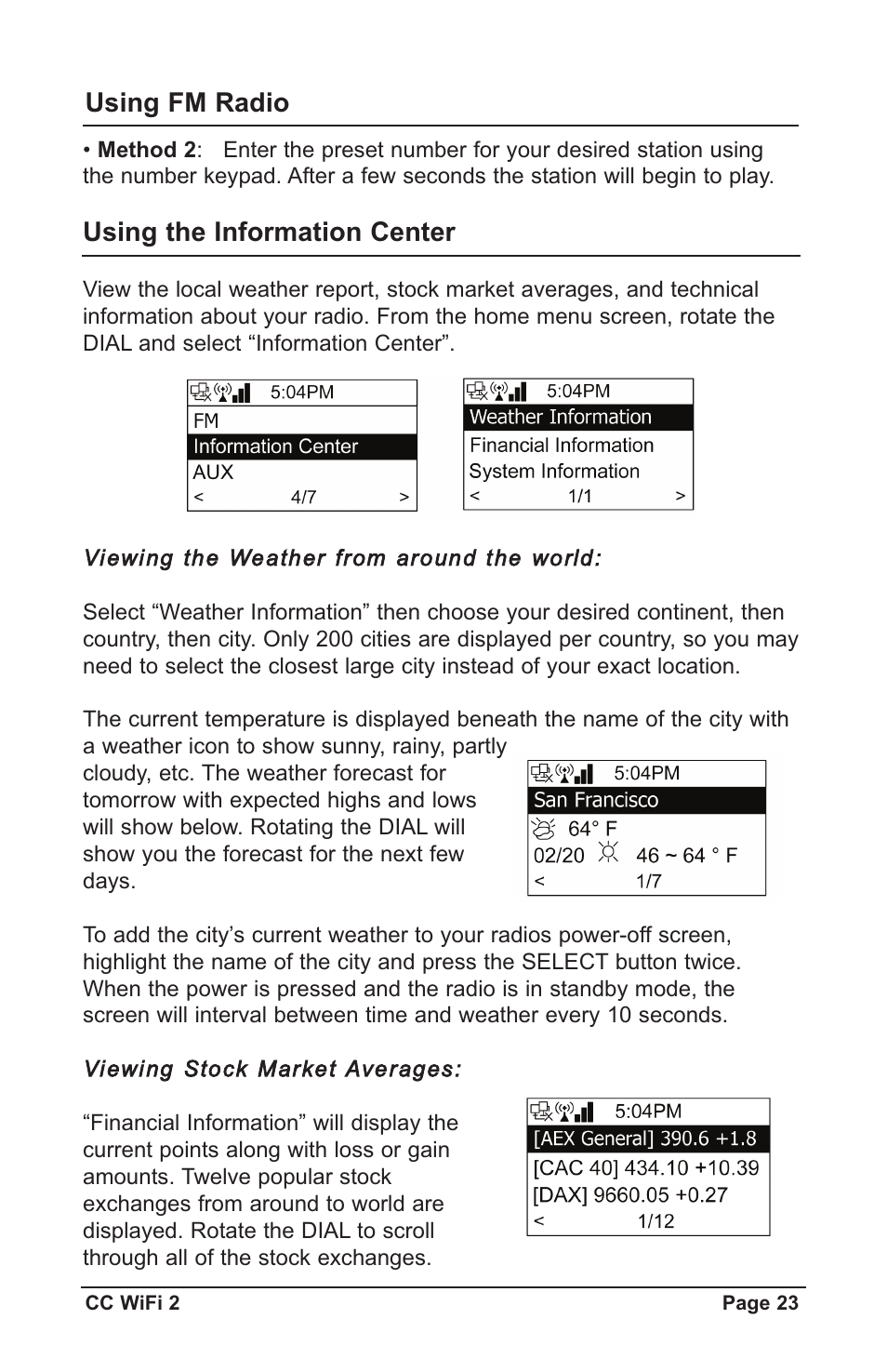 Using the information center, Using fm radio | C. Crane CWF2WR User Manual | Page 23 / 35