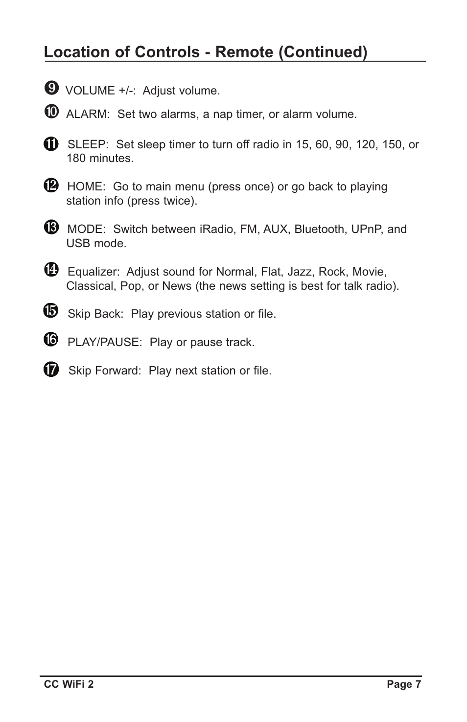 Location of controls - remote (continued) | C. Crane CWF2WR User Manual | Page 7 / 35