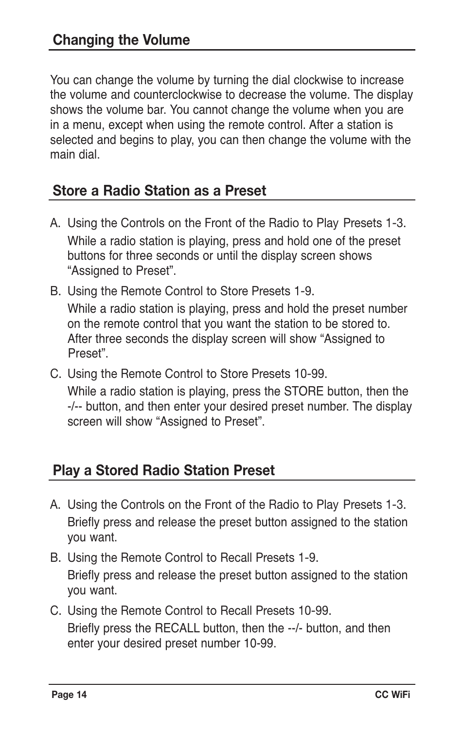 Changing the volume, Store a radio station as a preset, Play a stored radio station preset | C. Crane CWFR User Manual | Page 14 / 48