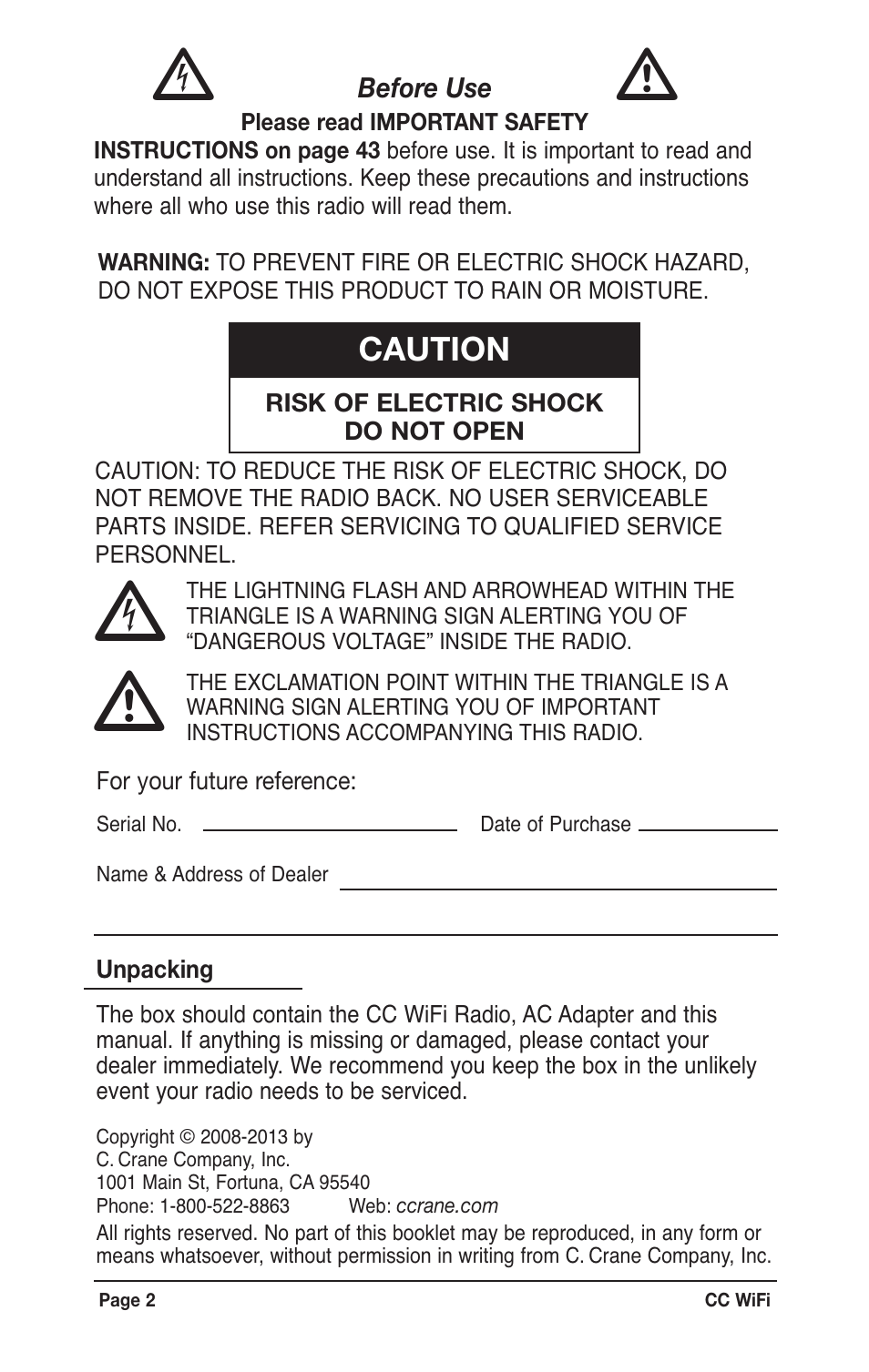 Caution | C. Crane CWFR User Manual | Page 2 / 48