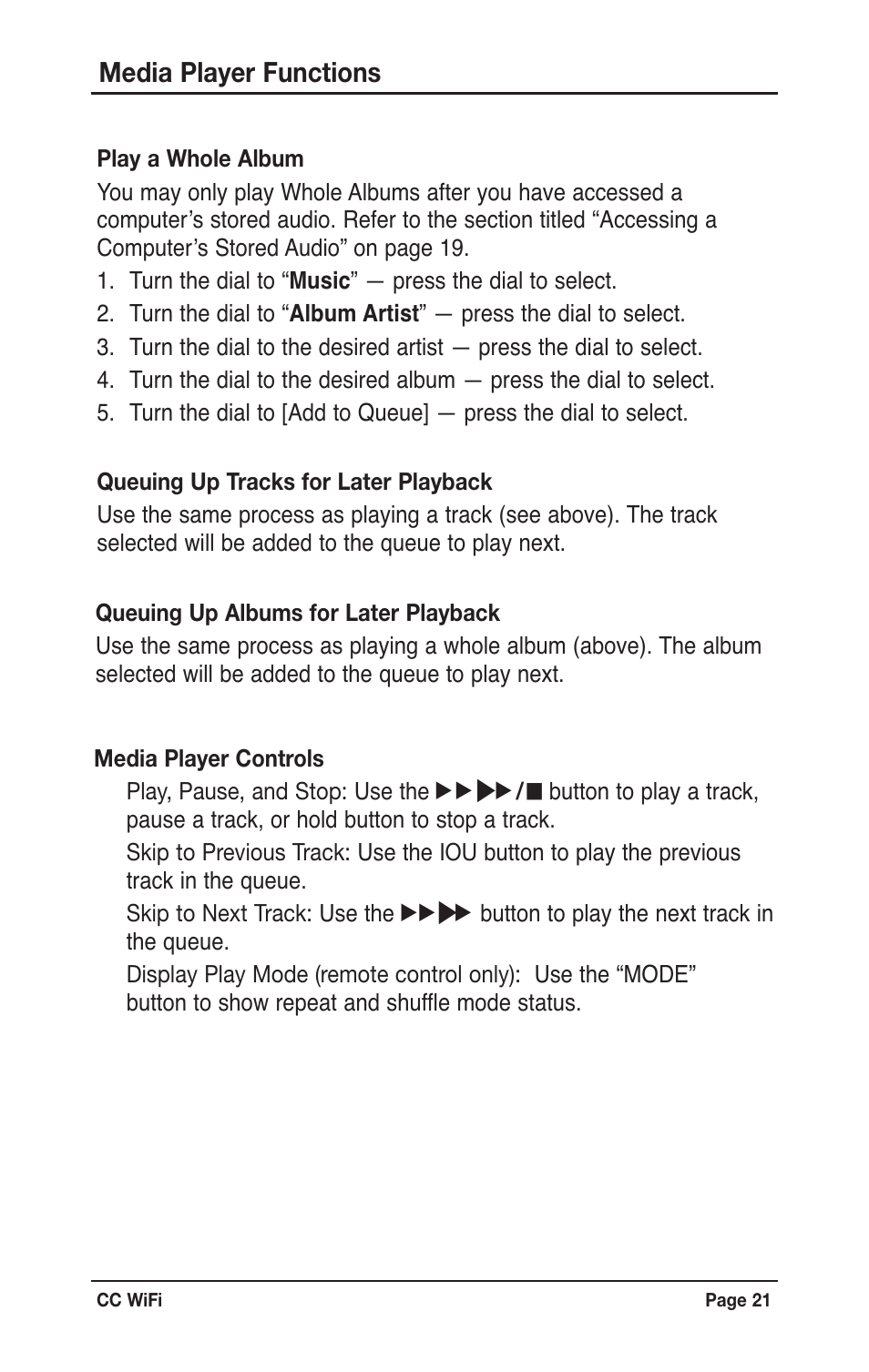 Media player functions | C. Crane CWFR User Manual | Page 21 / 48