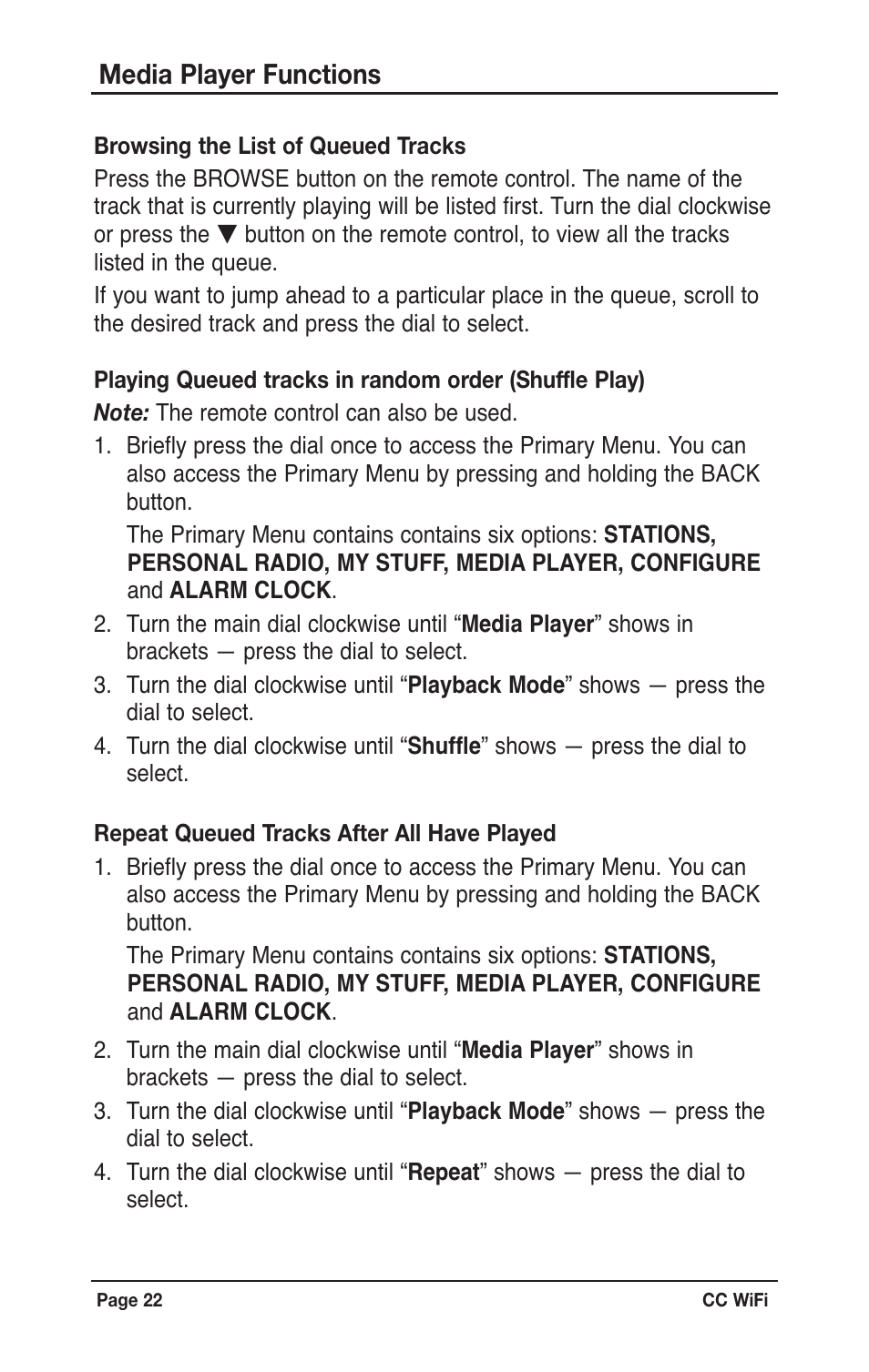 Media player functions | C. Crane CWFR User Manual | Page 22 / 48