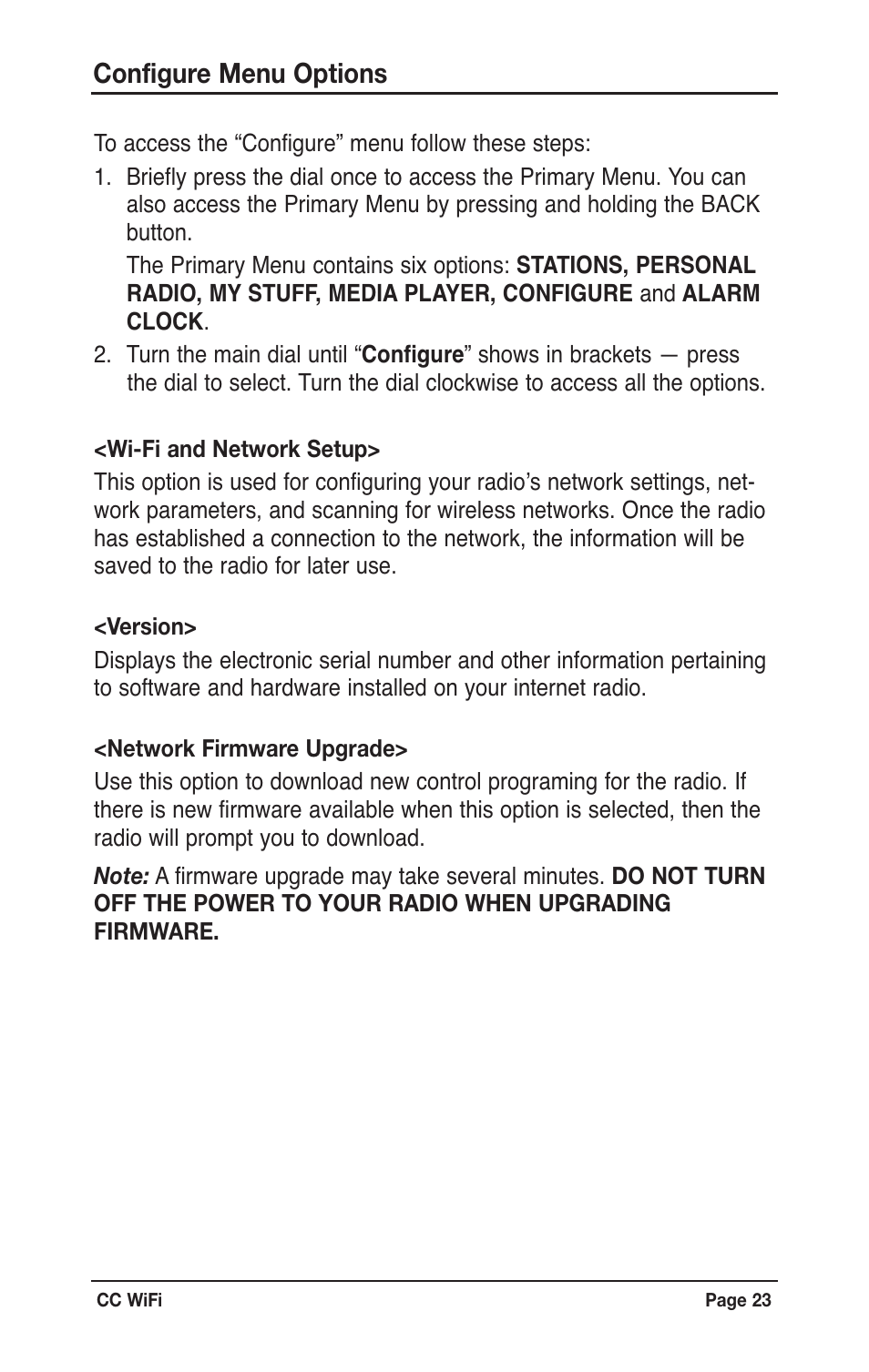 Configure menu options | C. Crane CWFR User Manual | Page 23 / 48