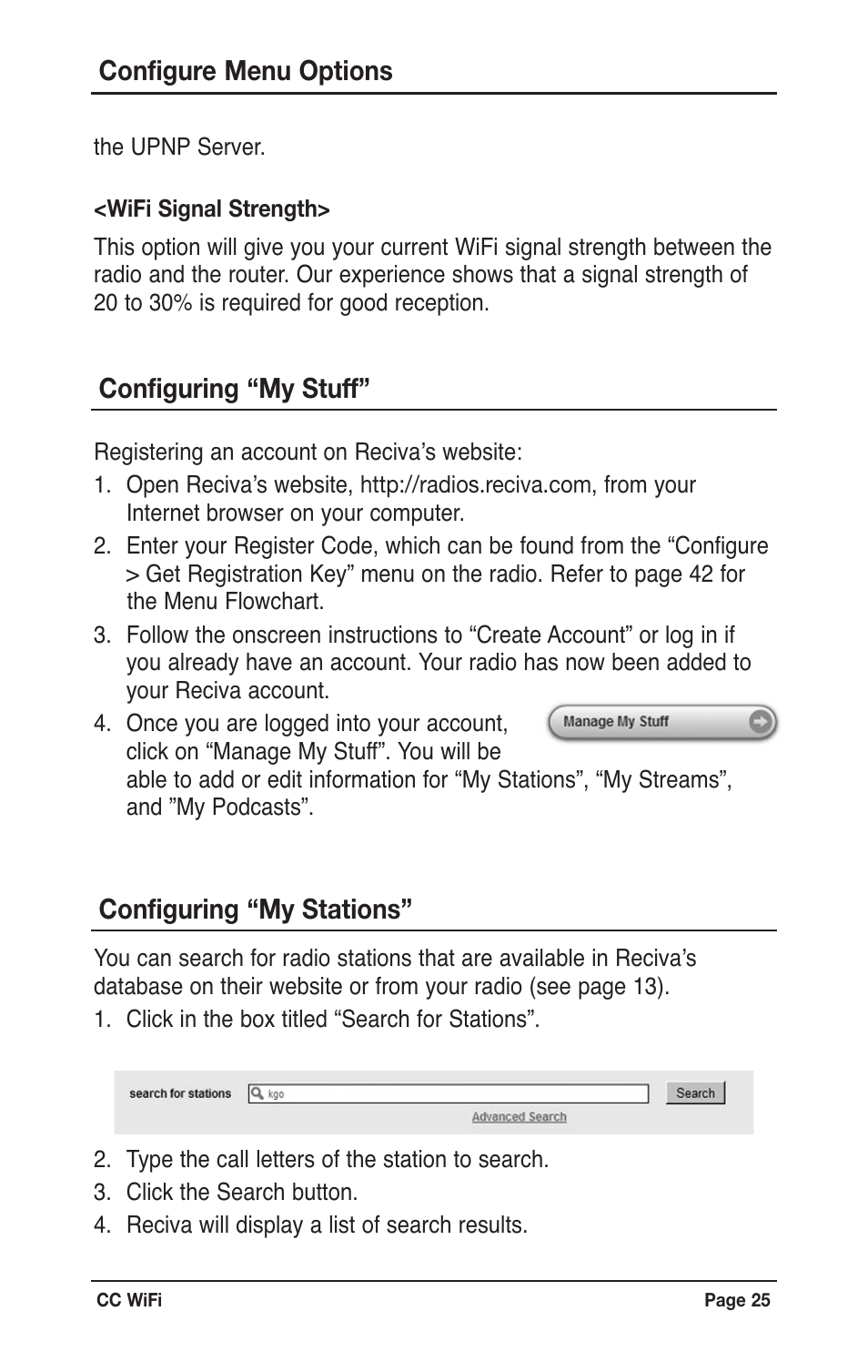 Configure menu options, Configuring “my stuff, Configuring “my stations | C. Crane CWFR User Manual | Page 25 / 48