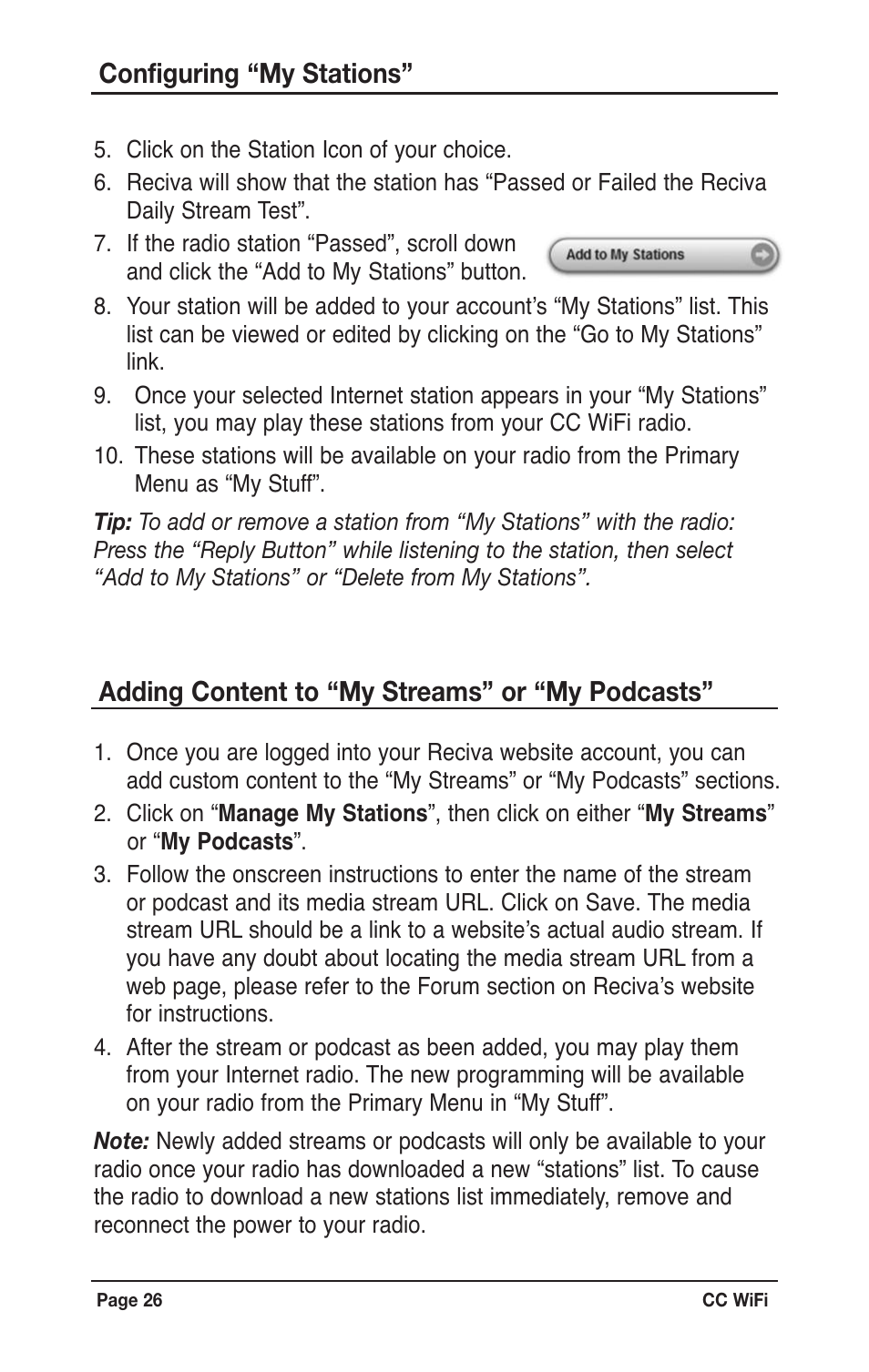 Adding content to “my streams” or “my podcasts, Configuring “my stations | C. Crane CWFR User Manual | Page 26 / 48