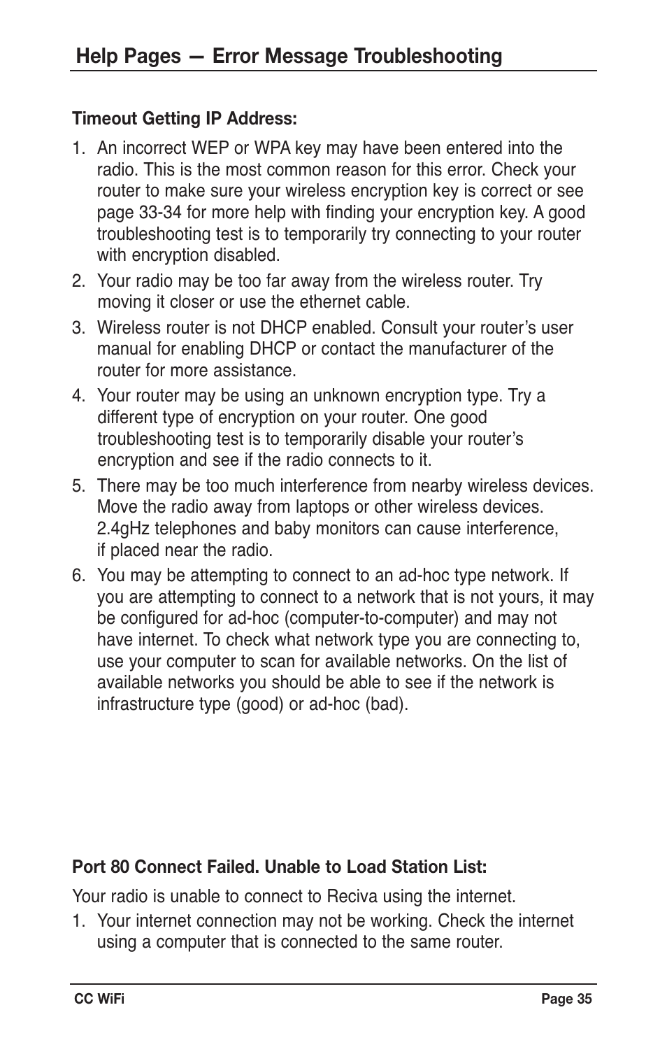 Help pages — error message troubleshooting | C. Crane CWFR User Manual | Page 35 / 48