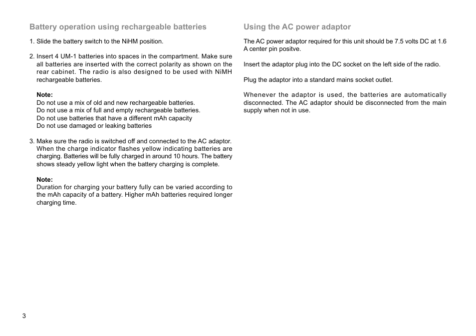 Battery operation using rechargeable batteries, Using the ac power adaptor | C. Crane WFR-28 FM-RDS User Manual | Page 4 / 83