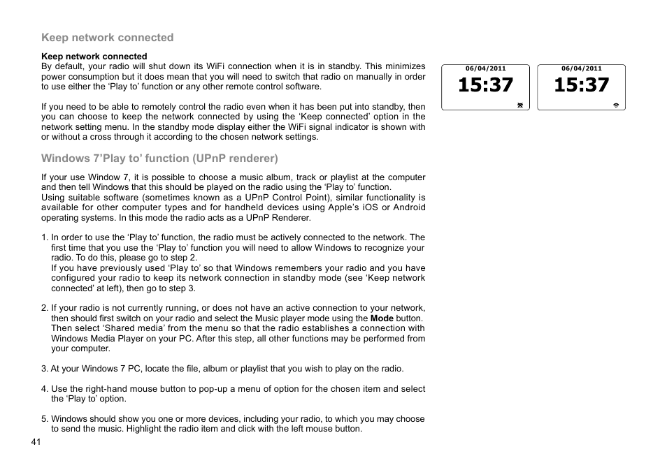 Keep network connected, Windows 7’play to’ function (upnp renderer) | C. Crane WFR-28 FM-RDS User Manual | Page 42 / 83