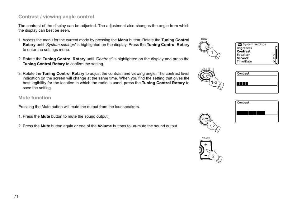 Contrast / viewing angle control, Mute function | C. Crane WFR-28 FM-RDS User Manual | Page 72 / 83