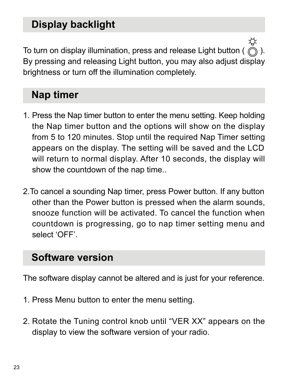 Display backlight, Nap timer, Software version | C. Crane WR-2A User Manual | Page 24 / 30