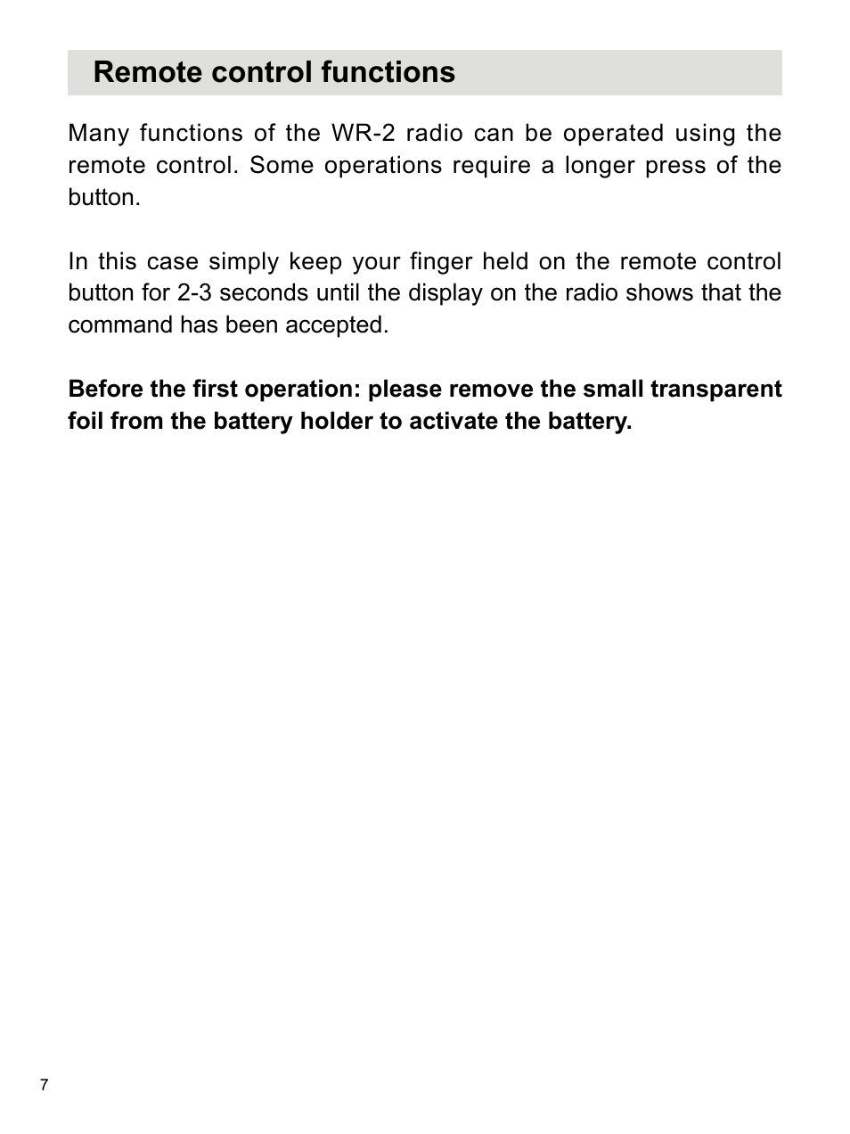 Remote control functions | C. Crane WR-2A User Manual | Page 8 / 30