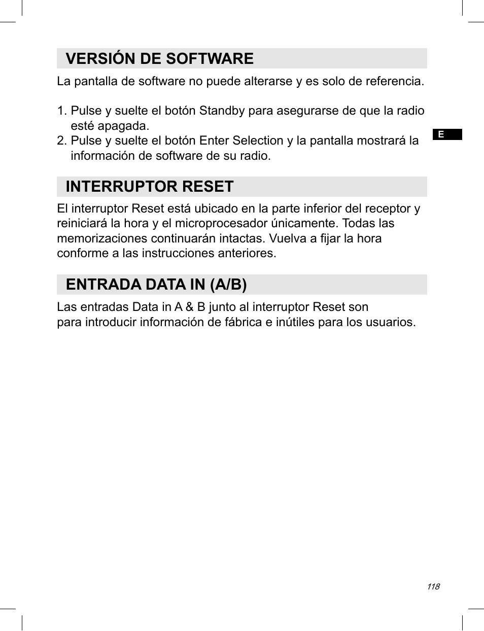 Versión de software, Interruptor reset, Entrada data in (a/b) | C. Crane ATS-909X User Manual | Page 119 / 202