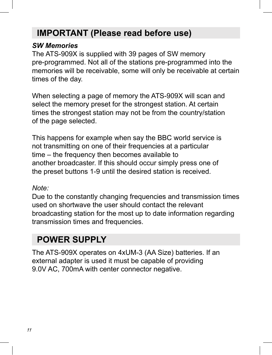 Important (please read before use), Power supply | C. Crane ATS-909X User Manual | Page 12 / 202