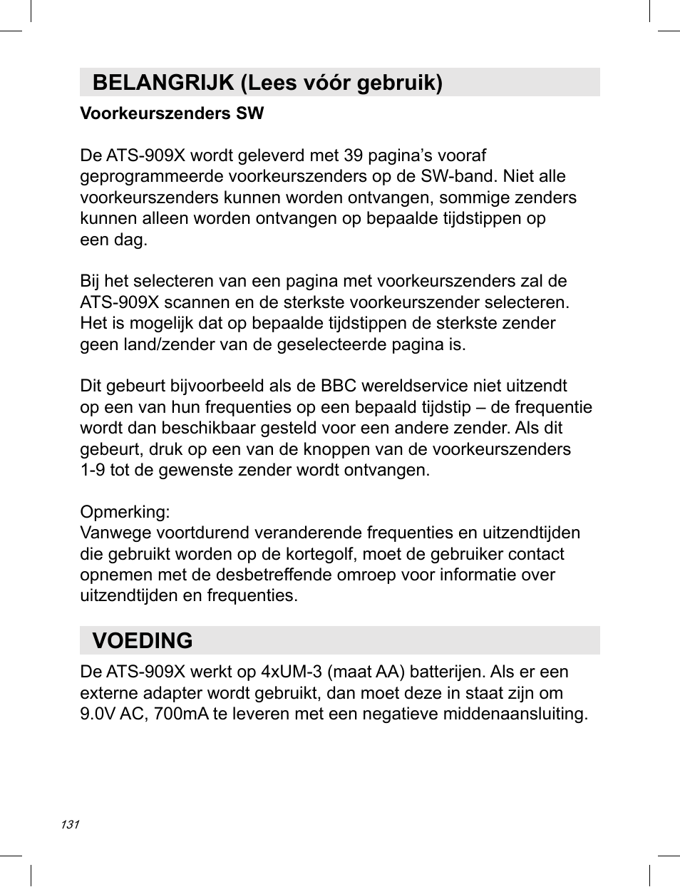 Belangrijk (lees vóór gebruik) voeding | C. Crane ATS-909X User Manual | Page 132 / 202