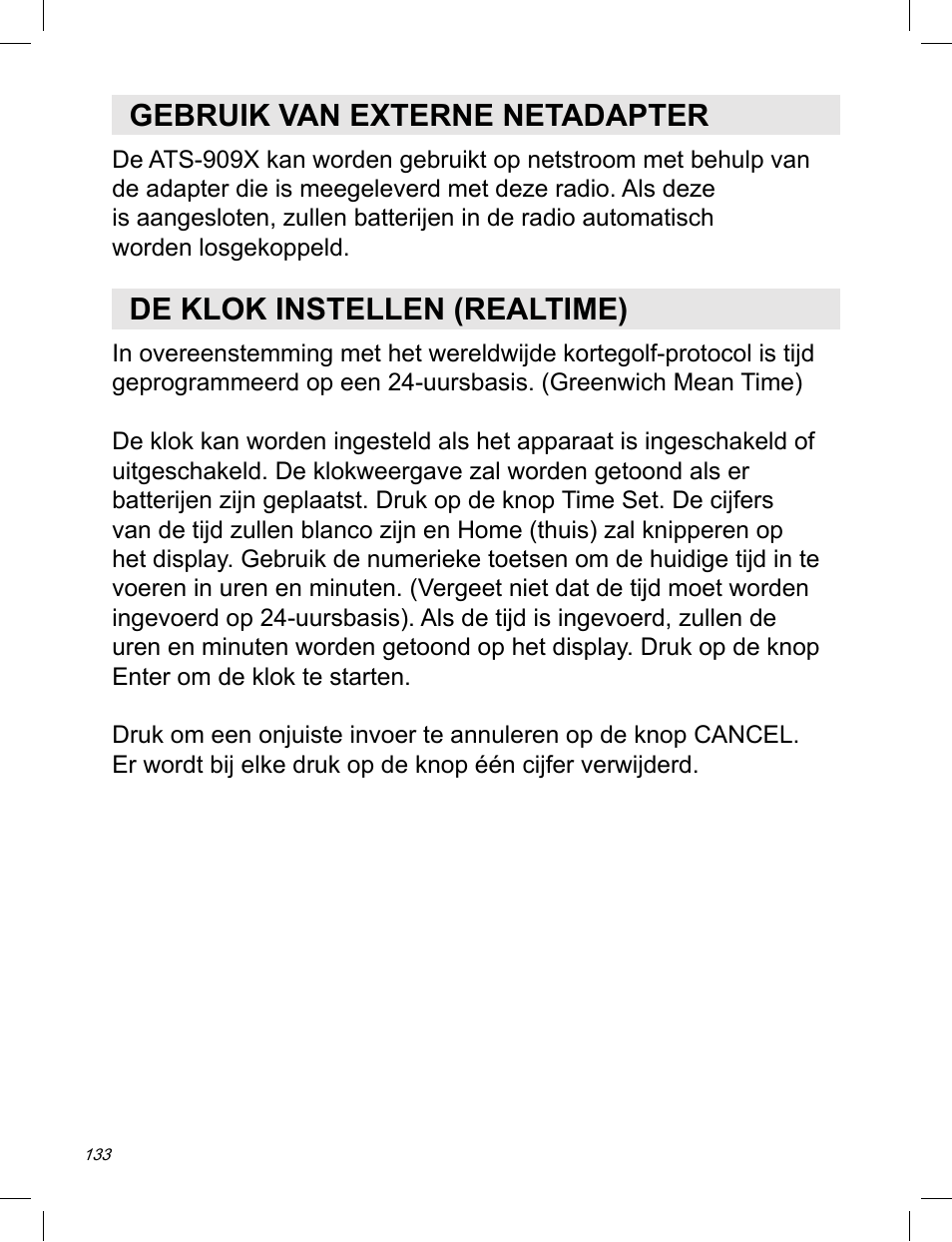 Gebruik van externe netadapter, De klok instellen (realtime) | C. Crane ATS-909X User Manual | Page 134 / 202