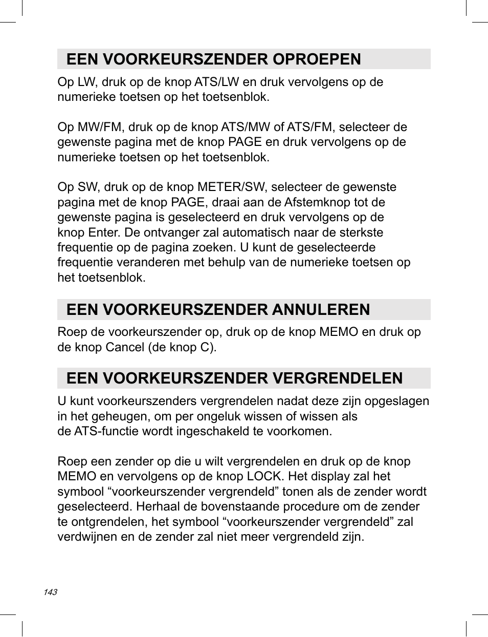 Een voorkeurszender oproepen, Een voorkeurszender annuleren, Een voorkeurszender vergrendelen | C. Crane ATS-909X User Manual | Page 144 / 202