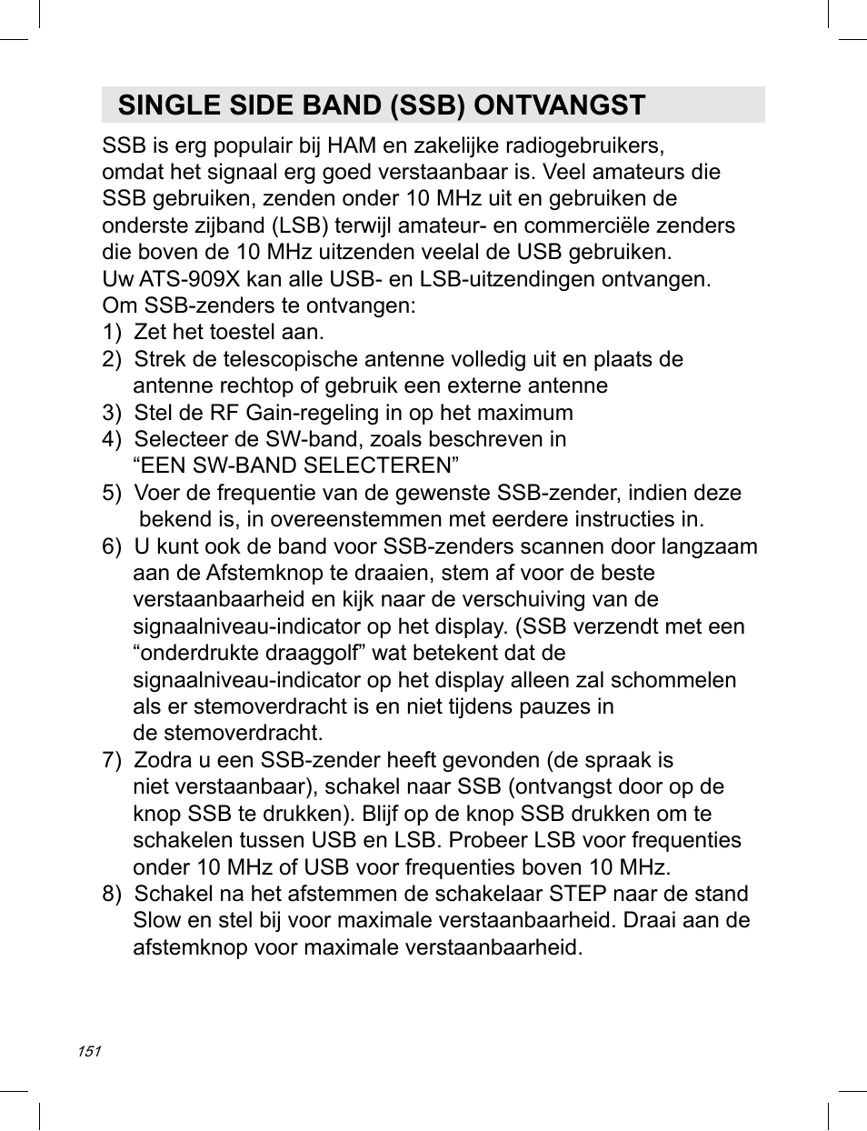 Single side band (ssb) ontvangst | C. Crane ATS-909X User Manual | Page 152 / 202