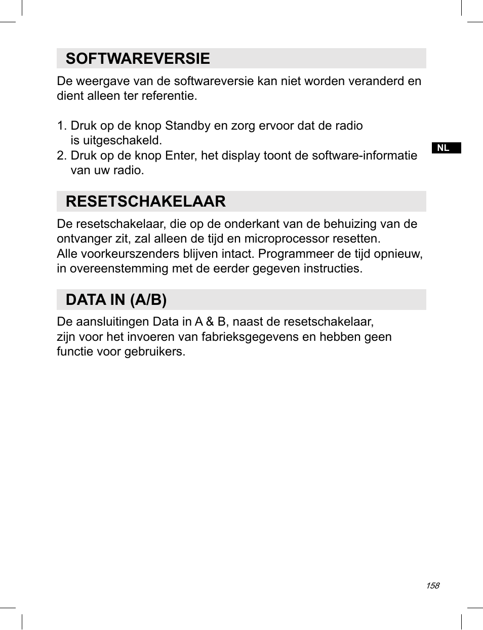 Softwareversie, Resetschakelaar, Data in (a/b) | C. Crane ATS-909X User Manual | Page 159 / 202