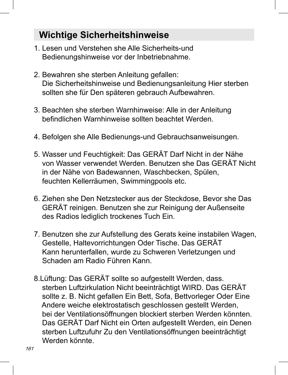 Wichtige sicherheitshinweise | C. Crane ATS-909X User Manual | Page 162 / 202