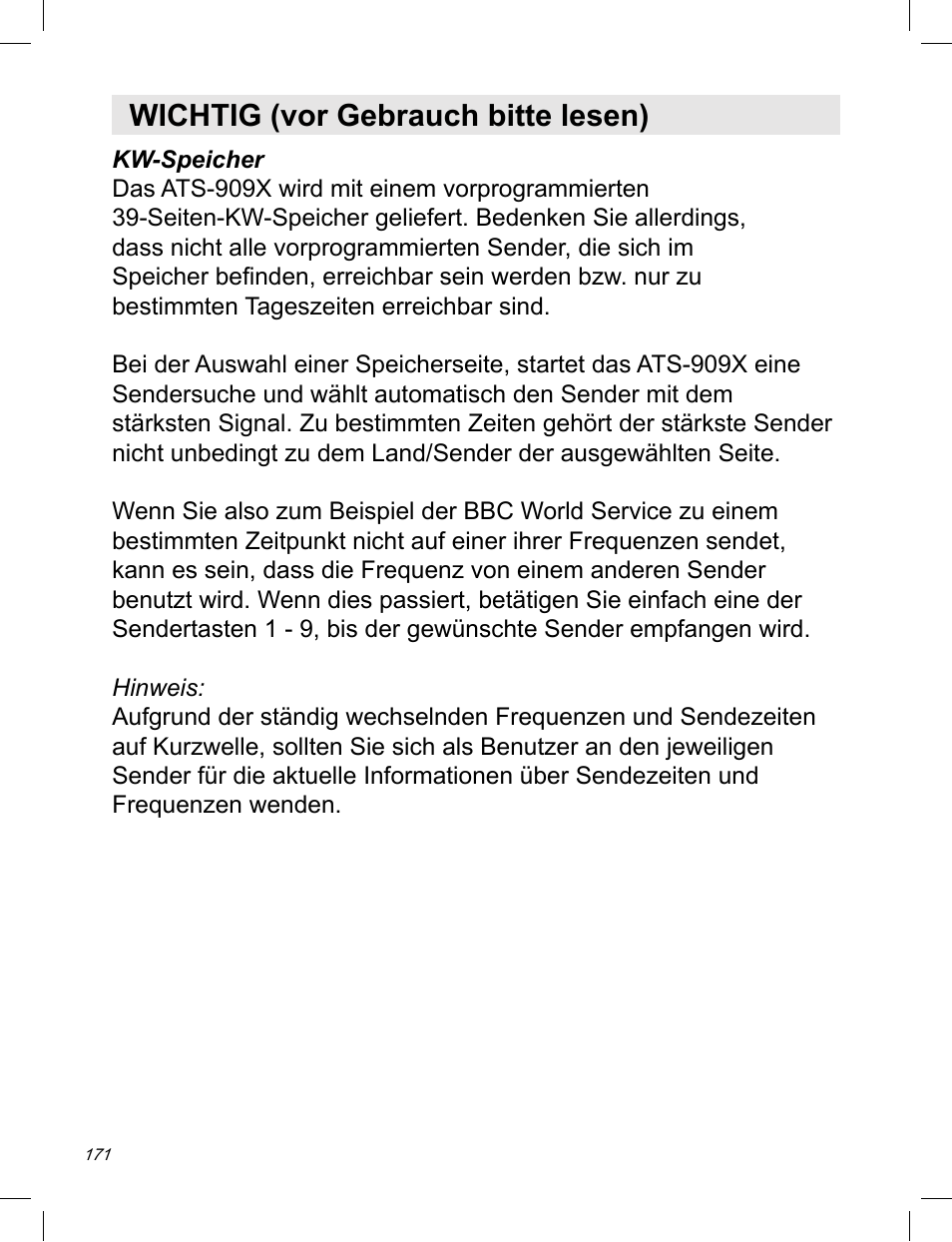 Wichtig (vor gebrauch bitte lesen) | C. Crane ATS-909X User Manual | Page 172 / 202