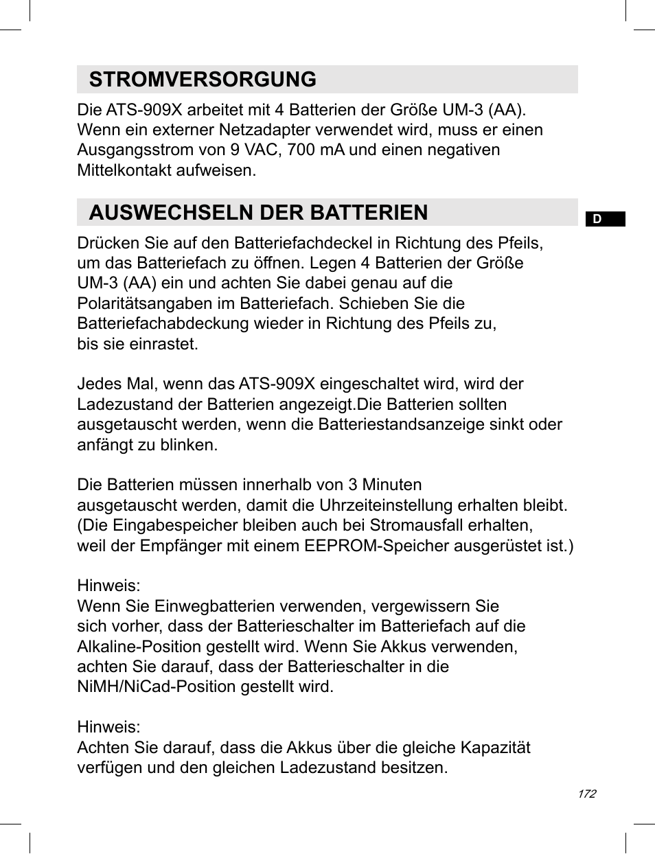 Stromversorgung, Auswechseln der batterien | C. Crane ATS-909X User Manual | Page 173 / 202