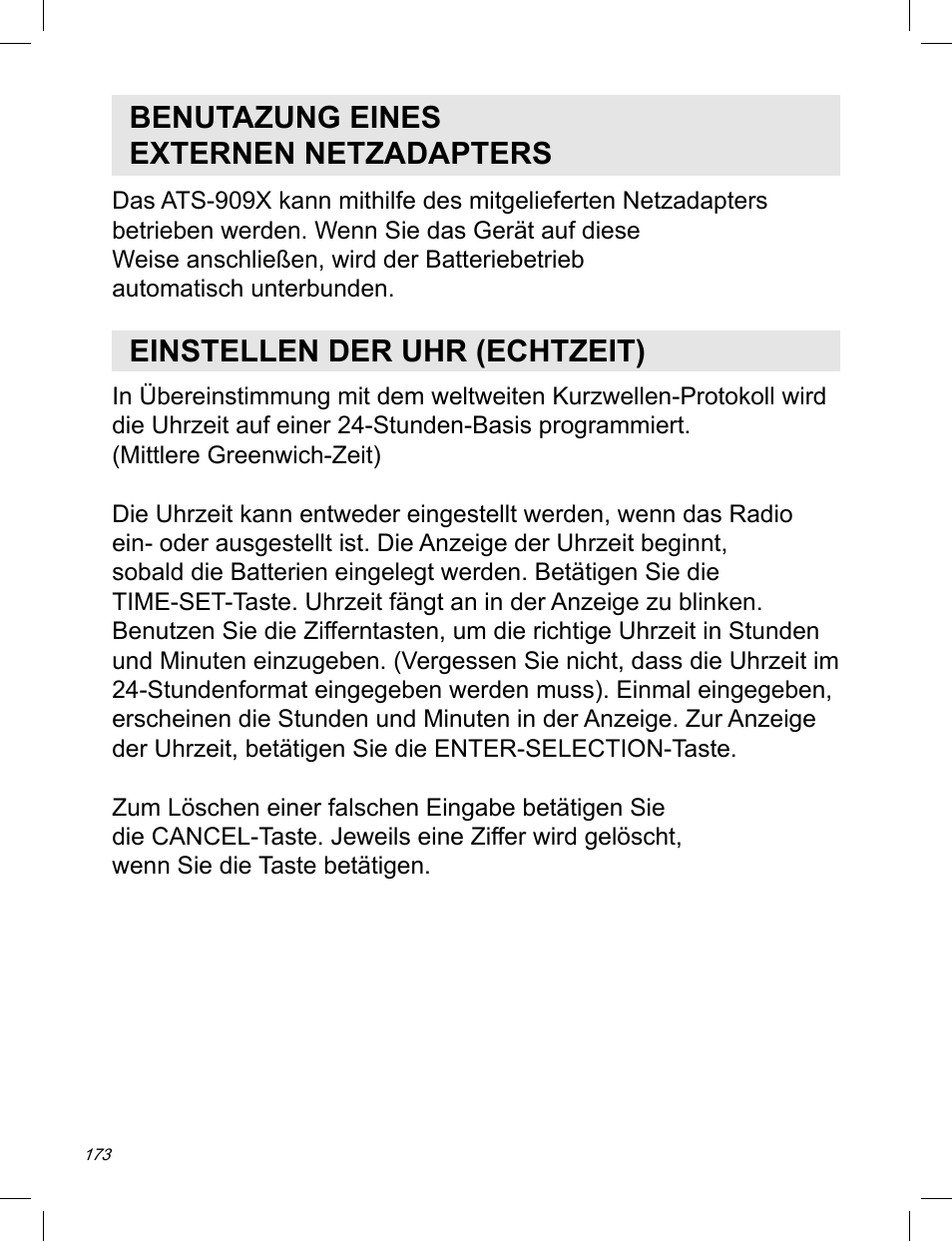 Benutazung eines externen netzadapters, Einstellen der uhr (echtzeit) | C. Crane ATS-909X User Manual | Page 174 / 202