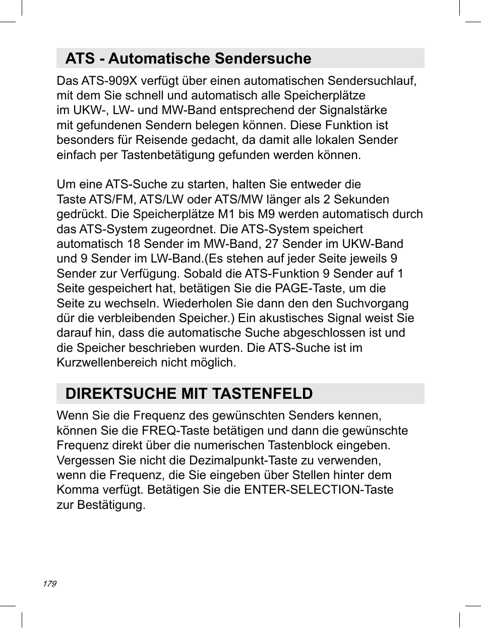 Ats - automatische sendersuche, Direktsuche mit tastenfeld | C. Crane ATS-909X User Manual | Page 180 / 202