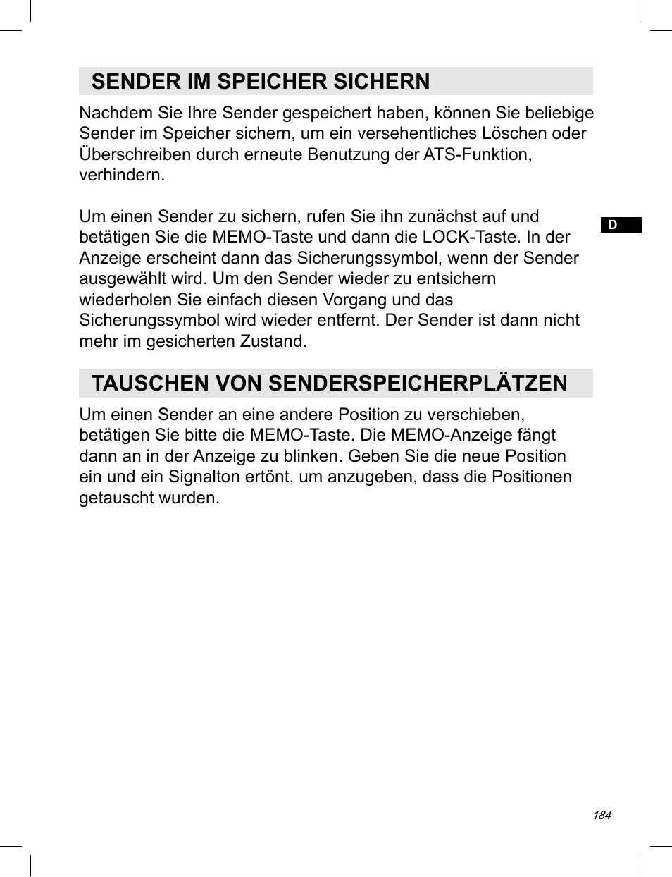 Sender im speicher sichern, Tauschen von senderspeicherplätzen | C. Crane ATS-909X User Manual | Page 185 / 202