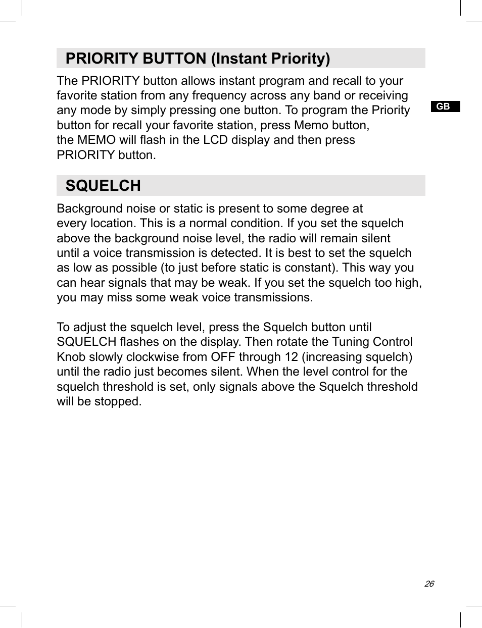 Priority button (instant priority), Squelch | C. Crane ATS-909X User Manual | Page 27 / 202
