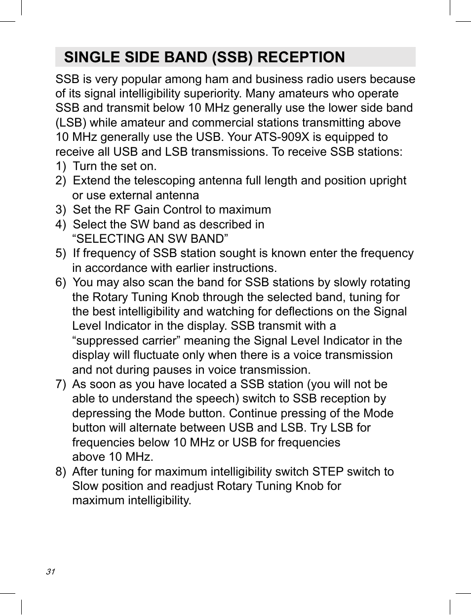 Single side band (ssb) reception | C. Crane ATS-909X User Manual | Page 32 / 202